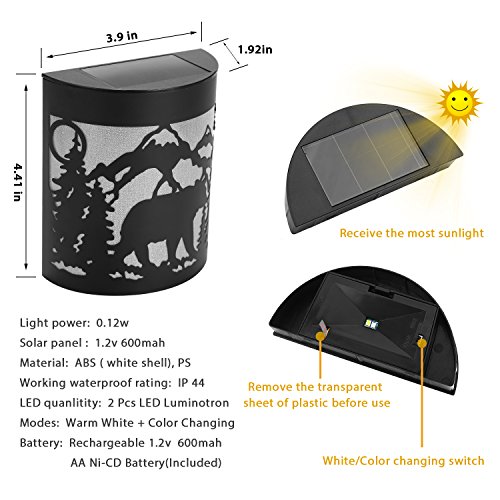Greluna Solar Lights Outdoor, 2 Modes Solar LED Outdoor, Solar Wall Lights for Deck, Fence, Patio, Front Door, Stair, Landscape, Yard and Driveway Path, Warm White/Color Changing, Pack of 2, (Bear)