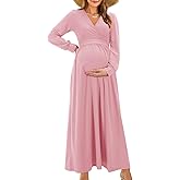 OUGES Fall Maternity Maxi Dress Long Sleeve Wrap V Neck Baby Shower Pregnancy Dresses for Photoshoot Maternity Clothes