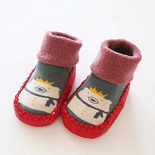 Cute Baby Boys Girls Toddlers Moccasins Cartoon Knitted Non-Skid Indoor Shoes Socks/Slippers First Walker Shoes (Red, Size:6-12 Months)