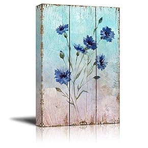 Branches of Blue Watercolor Flowers Over Vintage Wooden Panels - Nature - Canvas Art Home Art - 12x18 inches