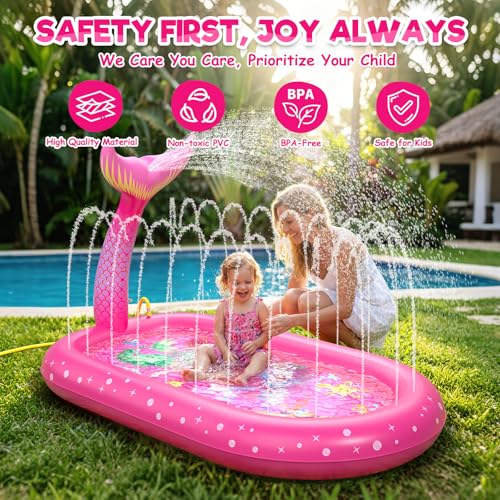Inflatable Paddling Pool for Kids, Splash Pad for Kids, 3 in 1 Mermaid Pattern Kids Pool Inflatables, Thickened Material with Water Pipe, Backyard Summer Water Toys for Boys and Girls Age 1+