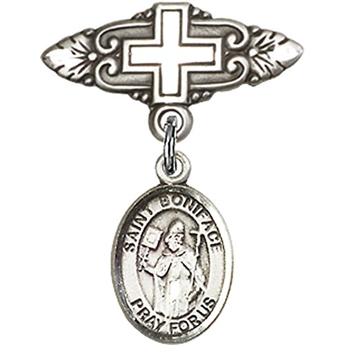Sterling Silver Baby Badge with St. Boniface Charm and Badge Pin with Cross 1 X 3/4 inches