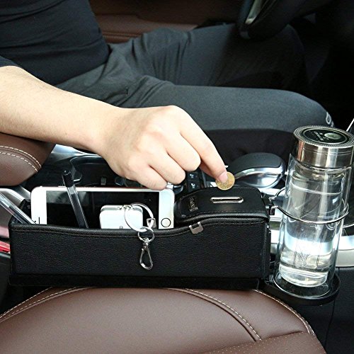Onewell Multi-fuctional Car Seat Leather Storage Box, Console Side Pocket, Gap Catcher with Coin Organizer and Cup Holder (Set of 2, Black)