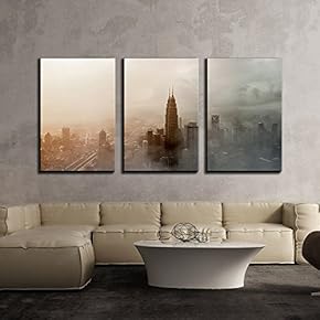 3 Piece Canvas Wall Art - Aerial View of City Building in Mist - Modern Home Art Stretched and Framed Ready to Hang - 16"x24"x3 Panels