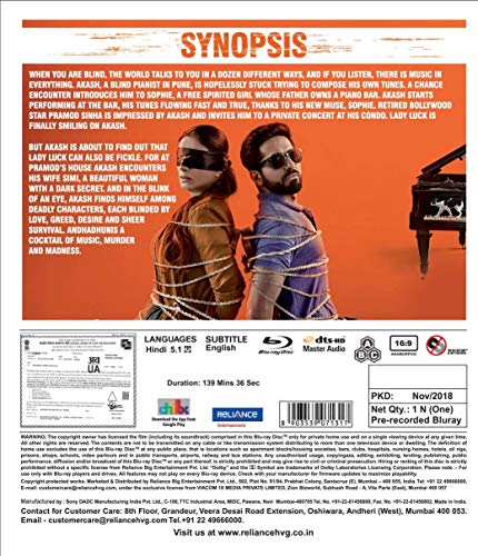 Amazon Com Andhadhun Hindi Dvd Ayushmann Khurrana Latest Bollywood Film Movies Tv amazon com andhadhun hindi dvd