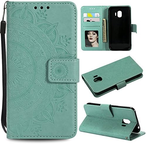 Galaxy J2 Pro 2018 Floral Protective Wallet Case,Galaxy J2 Pro 2018 Strap Flip Case,Leeook Pretty Elegant Embossed Totem Flower Design Pu Leather Bookstyle Magnetic Card Slots Wrist Strap Rose Gold Soft Inner Stand Flip Skin Case Cover Book Style With Lanyard Strap for Samsung Galaxy J2 Pro 2018 + 1 x Free Black Stylus-Green