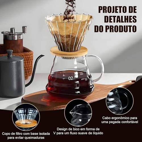Kit Cafeteira 600ml, 120 Filtros v60, Cafés Jarra Vidro Borosilicato, Coador v60, Coador de Cafe Vidro, Clever Dripper, Kit Cafeteira Filtrador V60 Coador de Café Passador de Café