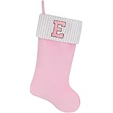 Shgngle 20 Inches Letter Embroidered Christmas Stocking,Personalized Pink Velvet Christmas Stocking,Family Holiday Decorations and Xmas Gift(E)