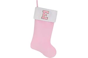 Shgngle 20 Inches Letter Embroidered Christmas Stocking,Personalized Pink Velvet Christmas Stocking,Family Holiday Decorations and Xmas Gift(E)