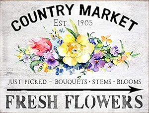 Vintage Country Market Fresh Flowers Farmhouse Tin Sign Retro Flower Plant Metal Tin Sign Shabby Chic Wall Decoration Plaque Garden House Sign 8 X 12 inch