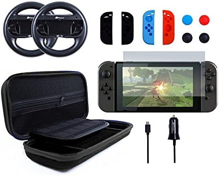 Pegly 13-1 Black Accessories Kit For Nintendo Switch, Including HD Carrying Case,Two Joy-Con Steering Wheels, Car Charger, Joy-con Silicon case and Tempered Glass