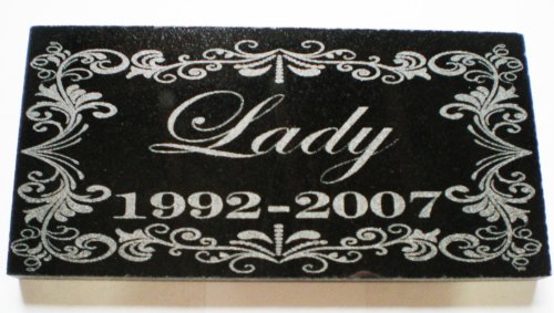 6" x 3" Name & Date Pet Memorial GRANITE Ornament Grave Marker Stone With Ornate Border 2