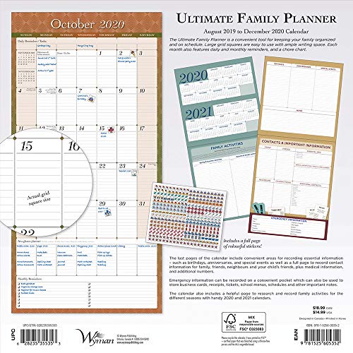 Ultimate Family Planner 2020 12 x 12 Inch Monthly Square Wall Calendar with Foil Stamped Cover by Wyman Publishing, Stationery Organizer