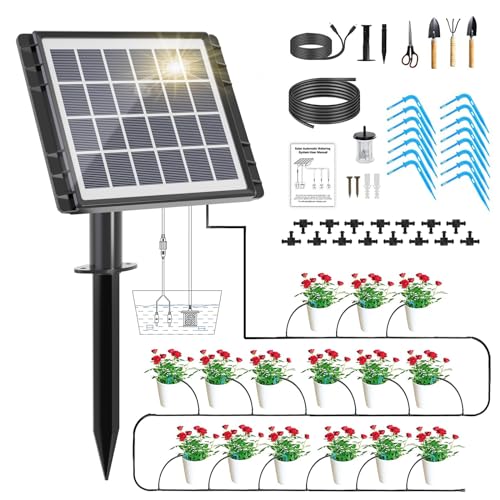 HEKIWAY 49FT Solar Drip Irrigation System, Auto Watering Kit for 15 Pots, Solar-Powered Plant Watering, 25 Timer Modes, 900ml/min Flow Indoor/Outdoor Garden, Balcony & Patio Irrigation System