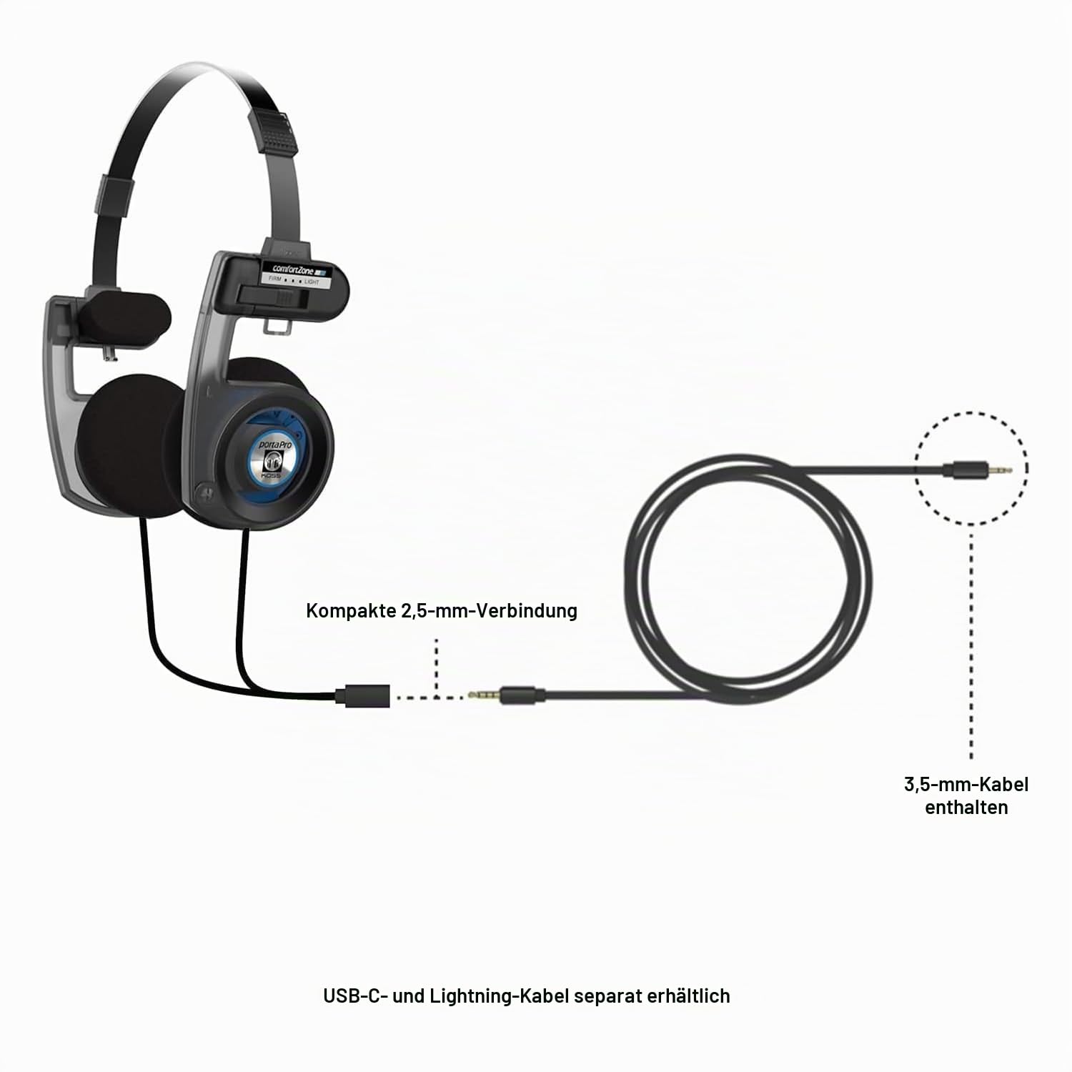 Koss Porta Pro Utility On-Ear-Kopfhörer, abnehmbares austauschbares Kabelsystem, zusammenklappbares Design, Stealth Grey 4