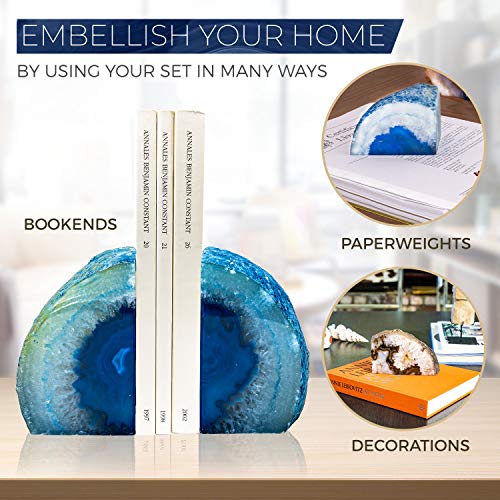 Geode Bookends 1 Pair 6-9 lbs (Dyed Blue)| Stone Bookends for Light and Heavy Books | Unique Brazilian Crystal Book Ends in Agate Stone to Hold Books, geode Decor and Paperweight | 3 Colors Available