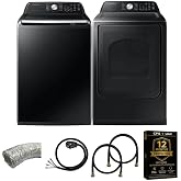 Samsung Smart 4.7 Cu Ft Top Load Washer &amp; 7.4 Cu Ft Electric Dryer, Sensor Stops Overdrying, Low Vibration Quiet Wash, WaterJet w/Power Cords, Hoses, Vent Duct, 1 Year CPS Protection Bundle (Black)