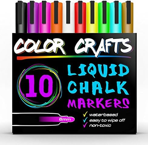 Liquid Chalk Markers - Set of 10 Reversible Tip Paint Pens Vivid Bright Neon Colors and White , 6mm Dual Tip