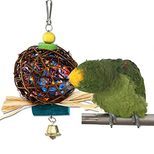 QIBOX Parrot Chewing Toy for Small Medium Birds, Natural Hand-Made Chewing Hanging Toy, Rattan Ball Cage Toy Preening Toy for Bird Parrot African Budgie Macaw Parakeet Cockatiel Lovebird Cage Toy