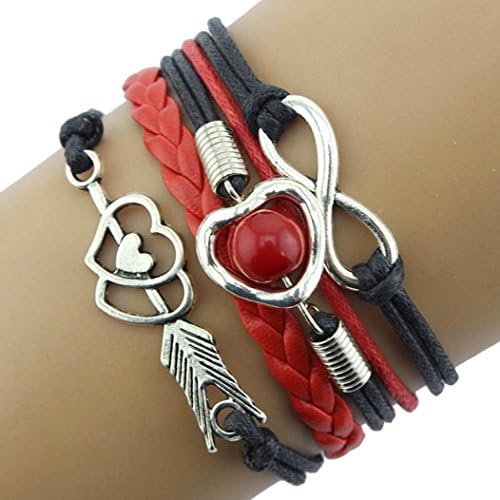 Fineshow 1PC Vintage Infinity Love Heart Pearl Friendship Leather Charm Bracelet (Black+Red)
