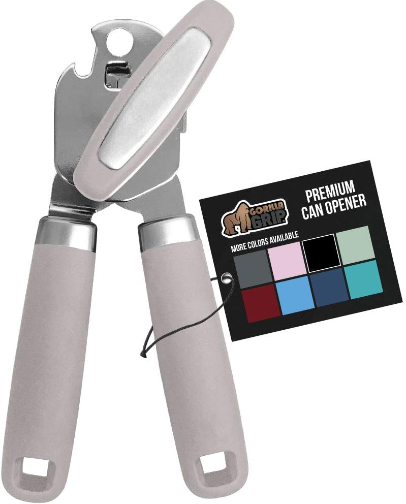 Gorilla Grip Manual Can Opener, Handheld Comfortable Grip, Oversized Easy Turn Knob, Built in Bottle Opener, Hangs for Convenient Kitchen Storage, Blades Easily Open Tin Cans for Smooth Edge, Almond: Kitchen & Dining