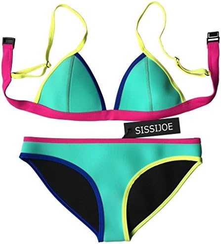 SISSIJOE Women Neoprene Bikini In Bright Color Neon Binding Swimsuit Swimwear Green Large
