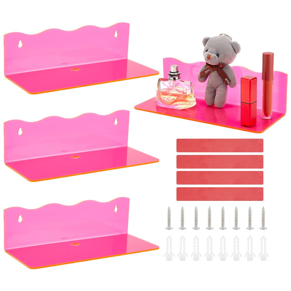PH PandaHall Acrylic Wall Mounted Display 4 Sets Pink Floating Shelf Home Wall Display Ledges for Storage Wall Hanging Shelf for Kitchen Bathroom Livingroom Collectibles 25x10.5x7.5cm