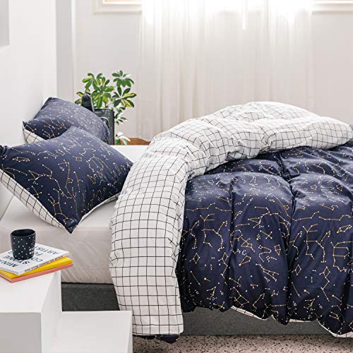 ECOCOTT 3 Pieces Duvet Cover Set Queen 100% Natural Cotton 1 Duvet Cover 2 Pillowcases,Navy and Cosmic Constellation Reversible Printed Pattern Soft Cozy Luxury Breathable and Durable Bedding Set