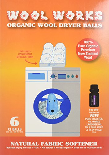 Wool Works Organic Wool Dryer Balls, Extra-Large Natural Fabric Softener Balls, 2 Ounces Each, 6-Count
