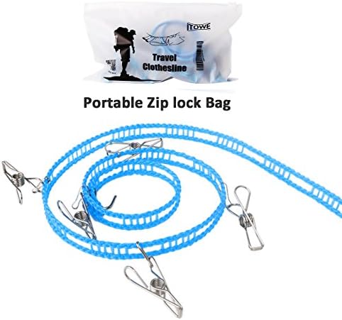 Portable Travel Clothesline Adjustable Windproof Clothesline with 10pcs Stainless Wire Pin ,Clothes Metal Clips line for Laundry Drying Outdoor and in Door Use &amp; Art Display with Portable Zip-lock Bag