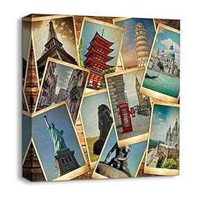 Canvas Wall Art Vintage City Collection Painting Artwork for Home Prints Framed - 12x12 inches