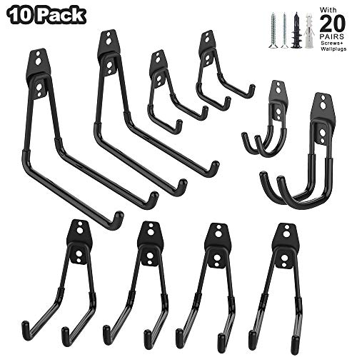 Garage Hooks, 10 Pcs Steel Utility Garage Storage Hooks and Hangers, Heavy Duty Wall Mounted Hooks and Holders for Organizing Power Tools, Ladders, Bikes, Ropes, Hose, Bulk Items