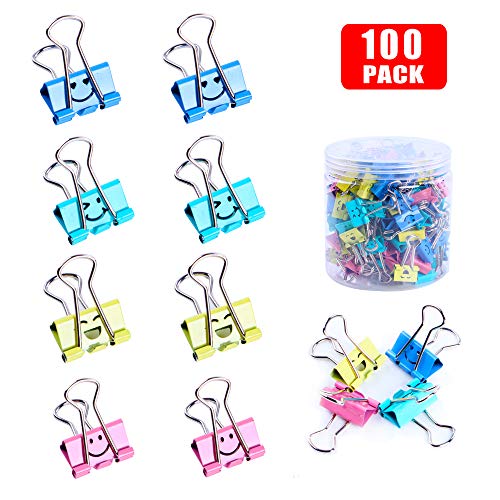 Binder Clips, Limque Paper Clips,Paper Clamps with Colored Cute Hollow Smiling Face,100 Pcs 0.75 inch/19mm Size Clips, for Office,Teacher Gifts and Kitchen,Small/Mini
