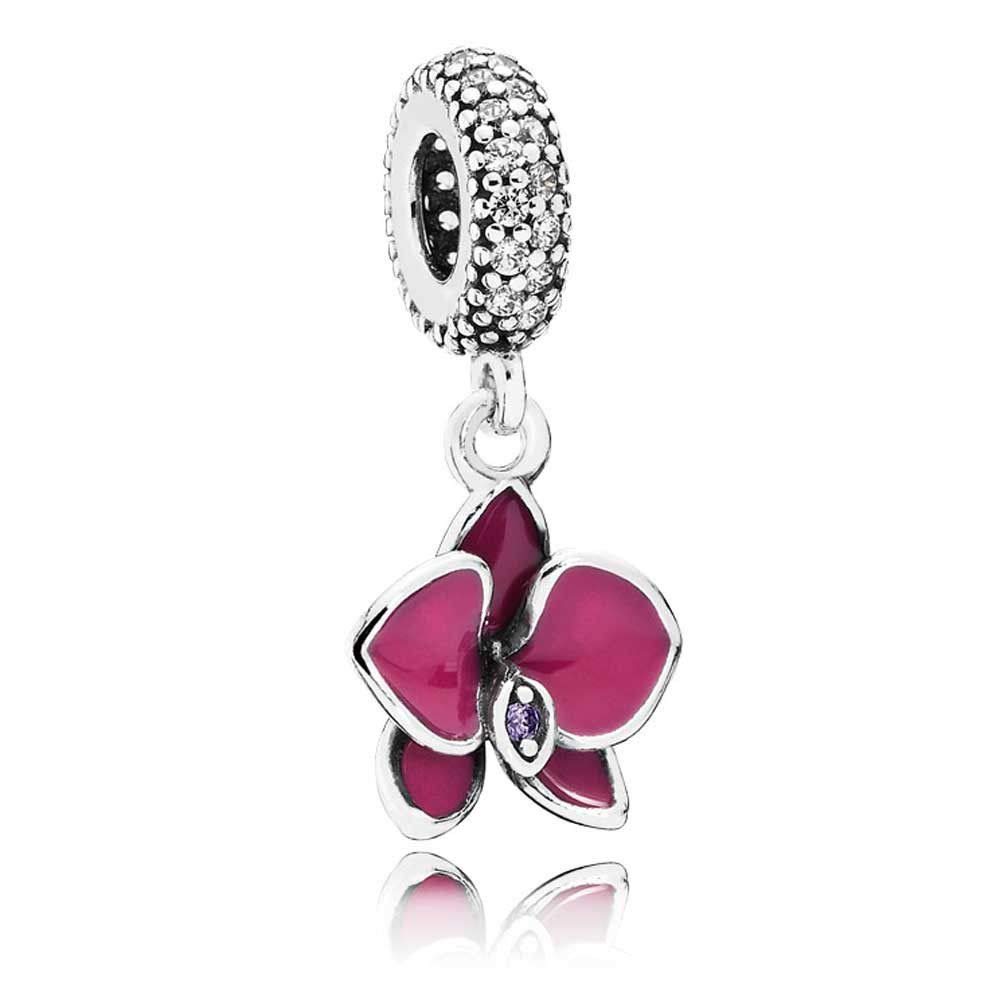 FGT Purple Red Flower Dangle Clear CZ Orchid Charm fits Pandora Moments Bracelets Sterling Silver Gift Women Girls Daughter Family Birthday