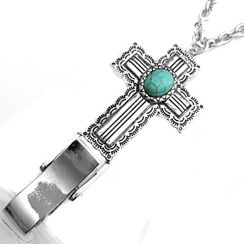 Antiqued Silver Cross with Turquoise Stone: Lanyard Chain Necklace with ID/Badge/Card Holder (+Bonus Pouch)