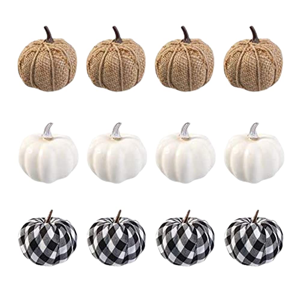 KKPLZZ 12PCS Autumn Decoration Artificial Pumpkins, White Yellow Hessian Pumpkins Simulation Pumpkins, Autumn Thanksgiving Decorations Halloween Pumpkin