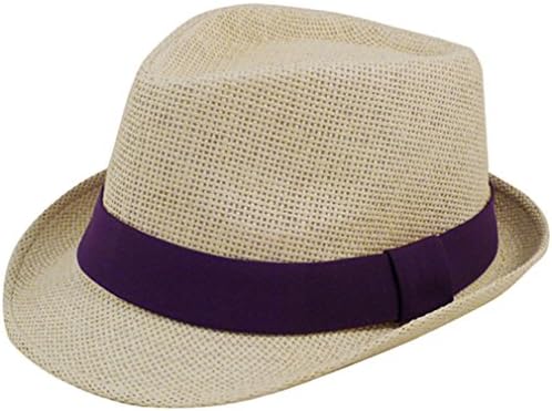 Eqoba Man and Women's Summer Short Brim Natural Straw Fedora Hat, Purle