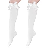 Lusofie White Knee High Socks Girls Women - with Lace Ruffle Trim Knee High Lace Socks for Loli Clothing Accessories
