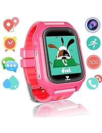 Reloj inteligente para niños, para niñas, con GPS y rastreador de fitness, resistente al agua, IP67, cámara HD, antipérdida, alarma de llamada SOS, monitor remoto con tarjeta SIM y pantalla táctil para iPhone y Androi., Rosado