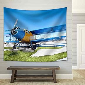 Old Airplanes Parked on a Meadow with Snow in a Sunny Day - Fabric Wall Tapestry Home Decor - 51x60 inches