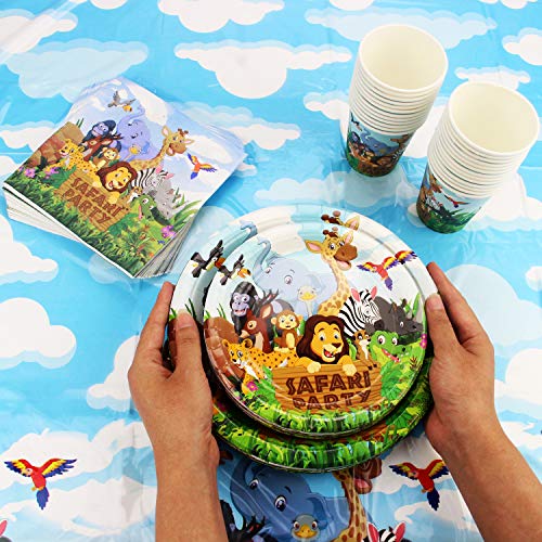 102 Piece Safari Animal Party Supplies Set Including Banner, Plates, Cups, Napkins, and Tablecloth, Serves 25