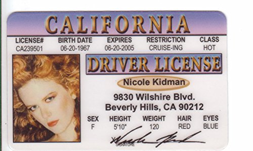 Nicole Kidman Novelty Drivers License / Fake I.d. Identification for fans of Days of Thunder, Batman Forever and Moulin Rouge