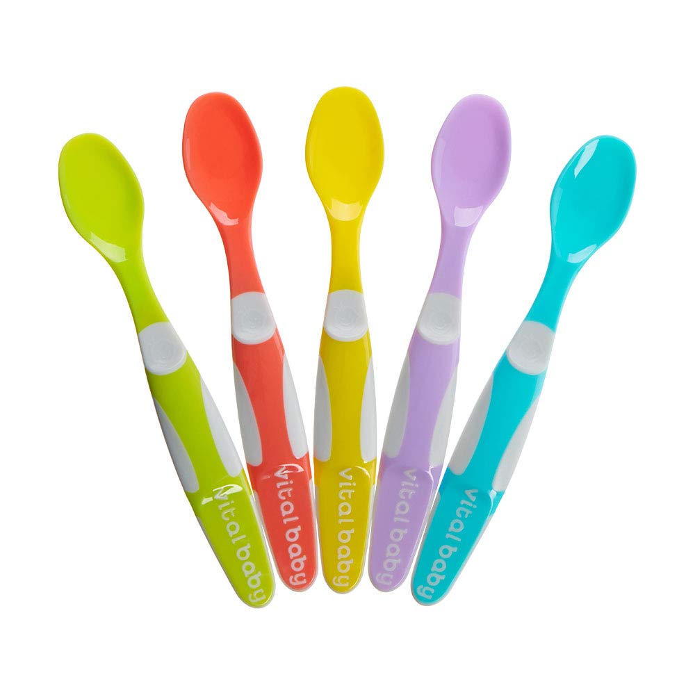 Vital Baby Nourish Start Weaning Spoons - Baby & Toddler Spoons - Shallow Flexible Spoon Tips - Hygienic Footrest - BPA, Phthalate & Latex Free - 4 Months+ Baby Feeding Spoons, Pack of 5