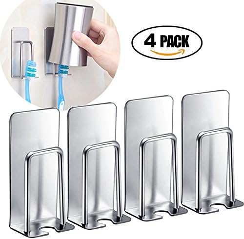 Toothbrush Cup Toothpaste Holder Hanger Set Wall Mounted Bathroom Storage Organizer Stainless Steel Electric toothbrush Shelf Kitchen Mug Hanging Stand Pack of 4
