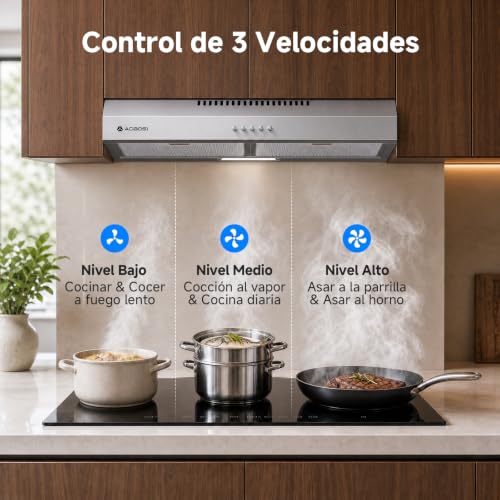 AAOBOSI A++ Campana Extractora 60 cm, 3 Niveles de Potencia, 230m³/h Extractor Cocina, Filtro de Carbón, Iluminación LED, Acero Inox Silver