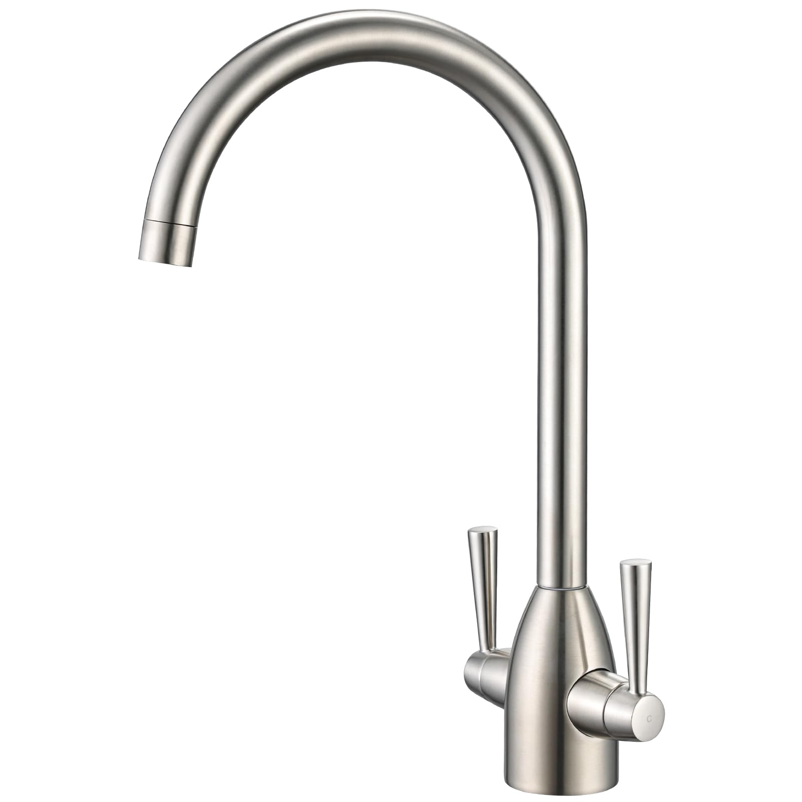 Hapilife Brushed Steel Kitchen Tap Dual Lever Monobloc 37CM Tall Kitchen Mixer Taps 1 Hole High Arc Sink Taps Mixer 360 Swivel Spout Mono Hot and Cold Water Faucet Brass Brushed Nickel Modern Design