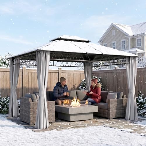 Outsunny 10' x 12' Outdoor Gazebo Canopy, Double Roof Hardtop Gazebo with Polycarbonate Roof, Steel Frame, Nettings and Curtains, for Garden, Lawn, Backyard and Deck, Light Grey