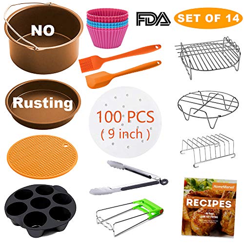 XL Air Fryer Accessories, Set of 14 for Gowise Phillips Cozyna 4.2/4.5/5.5/5.8/6.5/6.8 QT wiith Recipe Cookbook, No Rusting 8'' Cake Barrel, Pizza Pan, 9'' Air Fryer Liners, Silicone Oil Brush, Baking Cups, Plate Gripper - Thumbnail 7