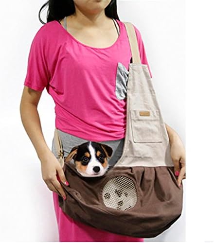 DOGOCO Nature Canvas Single Shoulder Carry Bag Carrier Pet Sling Bag with Extra Pocket for Cat Dog Puppy Kitty Rabbit Small Animals Brown