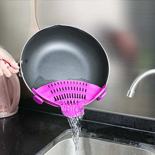 Hoofun Clip-on Silicone Colander, Snap Strainer Colander BPA Free for Spaghetti, Noodles, Pasta, Fruit, Ground Beef- Adjustable Food Grade Filter and Sieve Snaps on Bowls, Pots and Pans (Purple)